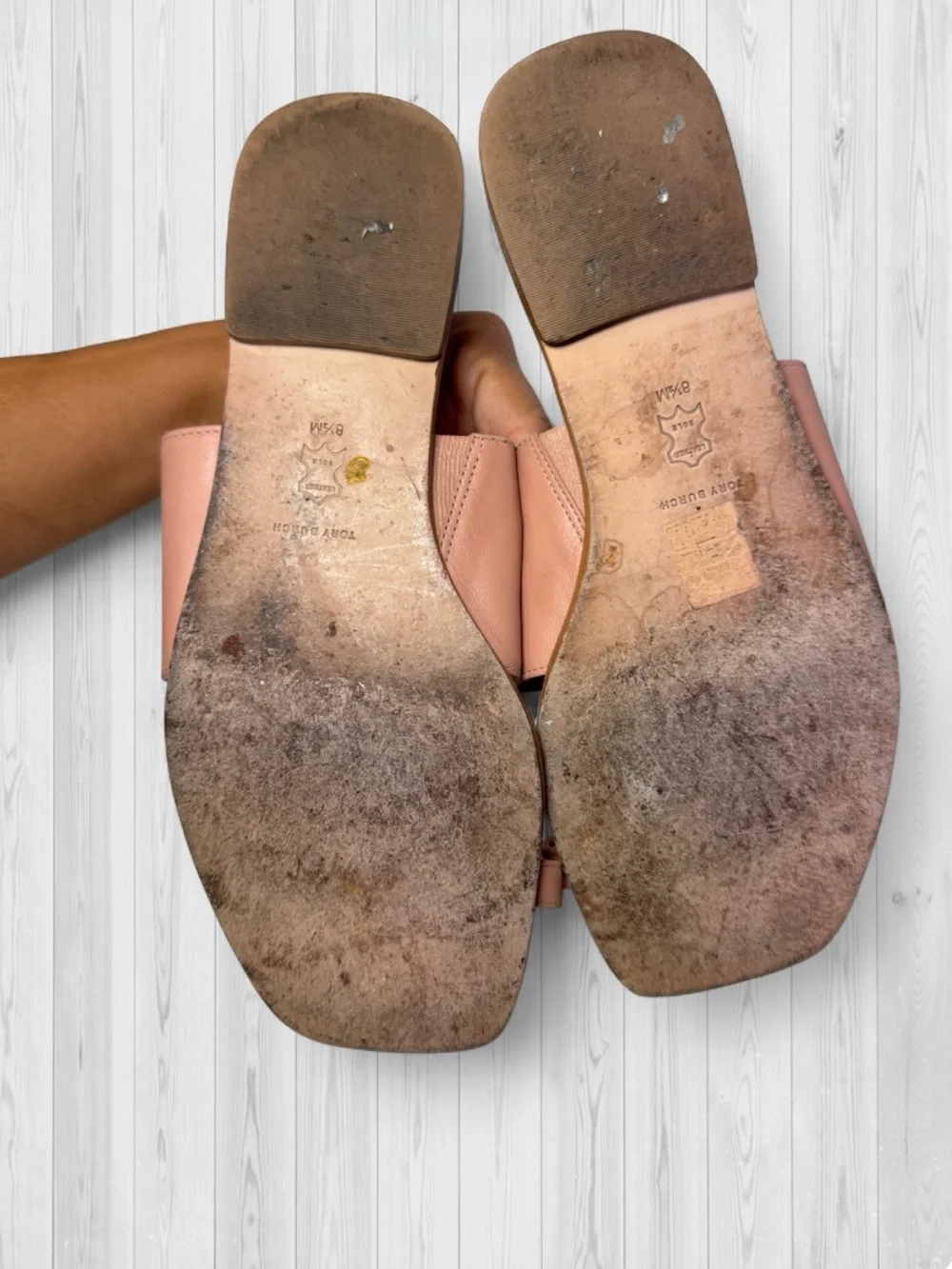 Tory Burch Nude Rose Leather Cutout Logo Toe-Ring Sandals.